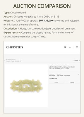 A LARGE PALE GREEN JADE ‘CLOUD-SCROLL’ PENDANT, NEOLITHIC PERIOD, HONGSHAN CULTURE