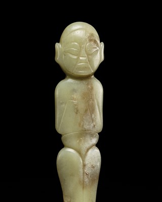 AN EXTRAORDINARY PALE CELADON JADE FIGURE OF A STANDING HUMANOID, LATE NEOLITHIC PERIOD, HONGSHAN CULTURE