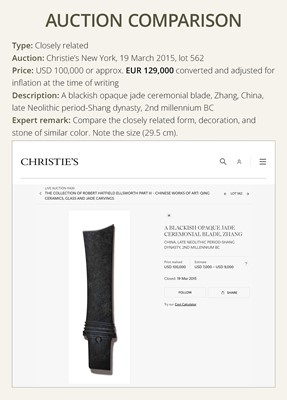 Lot 415 - A BLACK JADE CEREMONIAL BLADE, ZHANG, WESTERN ZHOU DYNASTY