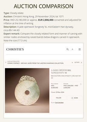 Lot 124 - AN EXCEPTIONALLY RARE AND LARGE DARK GREEN JADE ‘CHILONG’ DISK, ROYAL BI, HAN DYNASTY
