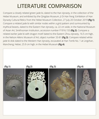 Lot 124 - AN EXCEPTIONALLY RARE AND LARGE DARK GREEN JADE ‘CHILONG’ DISK, ROYAL BI, HAN DYNASTY