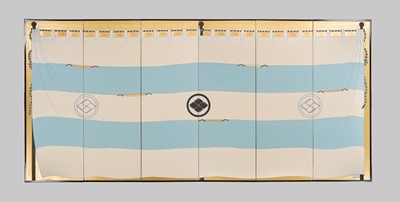 Lot 137 - A RARE PAIR OF SIX-PANEL BYOBU (FOLDING SCREENS) DEPICTING JINMAKU (MILITARY BANNERS) WITH THE MATSUMAE CLAN MON