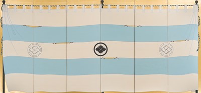 Lot 137 - A RARE PAIR OF SIX-PANEL BYOBU (FOLDING SCREENS) DEPICTING JINMAKU (MILITARY BANNERS) WITH THE MATSUMAE CLAN MON