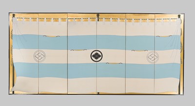 Lot 137 - A RARE PAIR OF SIX-PANEL BYOBU (FOLDING SCREENS) DEPICTING JINMAKU (MILITARY BANNERS) WITH THE MATSUMAE CLAN MON