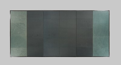 Lot 137 - A RARE PAIR OF SIX-PANEL BYOBU (FOLDING SCREENS) DEPICTING JINMAKU (MILITARY BANNERS) WITH THE MATSUMAE CLAN MON