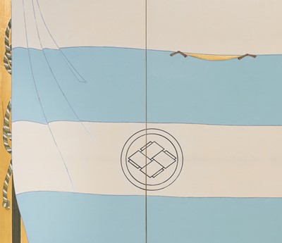 Lot 137 - A RARE PAIR OF SIX-PANEL BYOBU (FOLDING SCREENS) DEPICTING JINMAKU (MILITARY BANNERS) WITH THE MATSUMAE CLAN MON