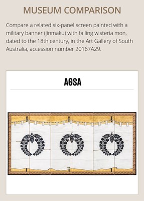 Lot 137 - A RARE PAIR OF SIX-PANEL BYOBU (FOLDING SCREENS) DEPICTING JINMAKU (MILITARY BANNERS) WITH THE MATSUMAE CLAN MON