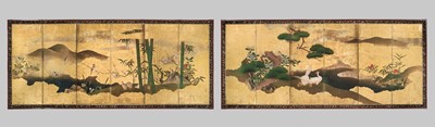 Lot 303 - A PAIR OF KANO SCHOOL SIX-PANEL BYOBU (FOLDING SCREENS) DEPICTING BIRDS AND A BLOSSOMING PLUM TREE