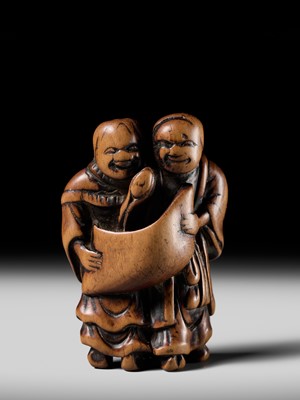 Lot 98 - AN EARLY WOOD NETSUKE OF KANZAN AND JITTOKU
