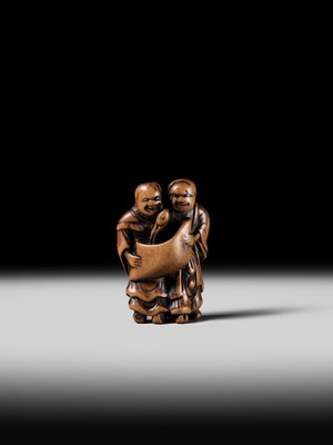 Lot 98 - AN EARLY WOOD NETSUKE OF KANZAN AND JITTOKU