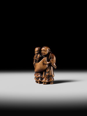 Lot 98 - AN EARLY WOOD NETSUKE OF KANZAN AND JITTOKU
