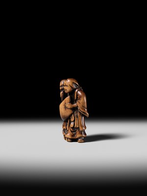 Lot 98 - AN EARLY WOOD NETSUKE OF KANZAN AND JITTOKU