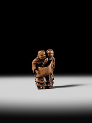 Lot 98 - AN EARLY WOOD NETSUKE OF KANZAN AND JITTOKU