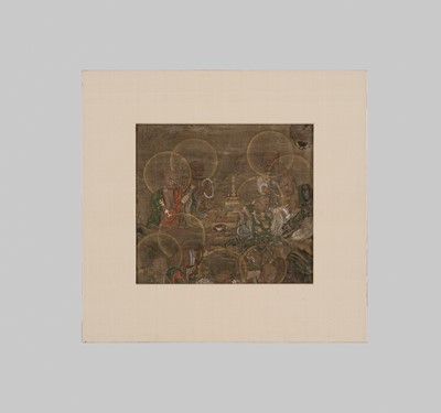 Lot 142 - A FRAGMENT OF A BUDDHIST PAINTING DEPICTING AN ASSEMBLY OF RAKAN, MUROMACHI PERIOD