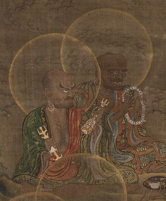 Lot 142 - A FRAGMENT OF A BUDDHIST PAINTING DEPICTING AN ASSEMBLY OF RAKAN, MUROMACHI PERIOD