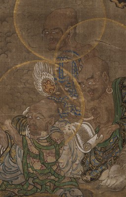 Lot 142 - A FRAGMENT OF A BUDDHIST PAINTING DEPICTING AN ASSEMBLY OF RAKAN, MUROMACHI PERIOD