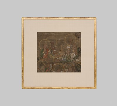 Lot 142 - A FRAGMENT OF A BUDDHIST PAINTING DEPICTING AN ASSEMBLY OF RAKAN, MUROMACHI PERIOD