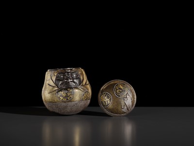 Lot 22 - A KOMAI STYLE INLAID IRON ‘DARUMA DOLL’ BOX AND COVER