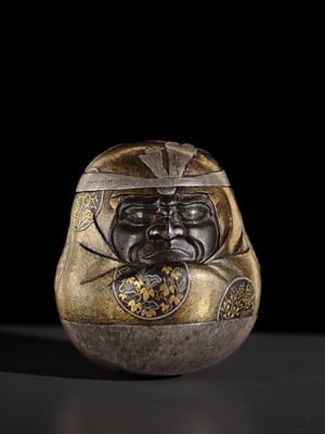 Lot 22 - A KOMAI STYLE INLAID IRON ‘DARUMA DOLL’ BOX AND COVER
