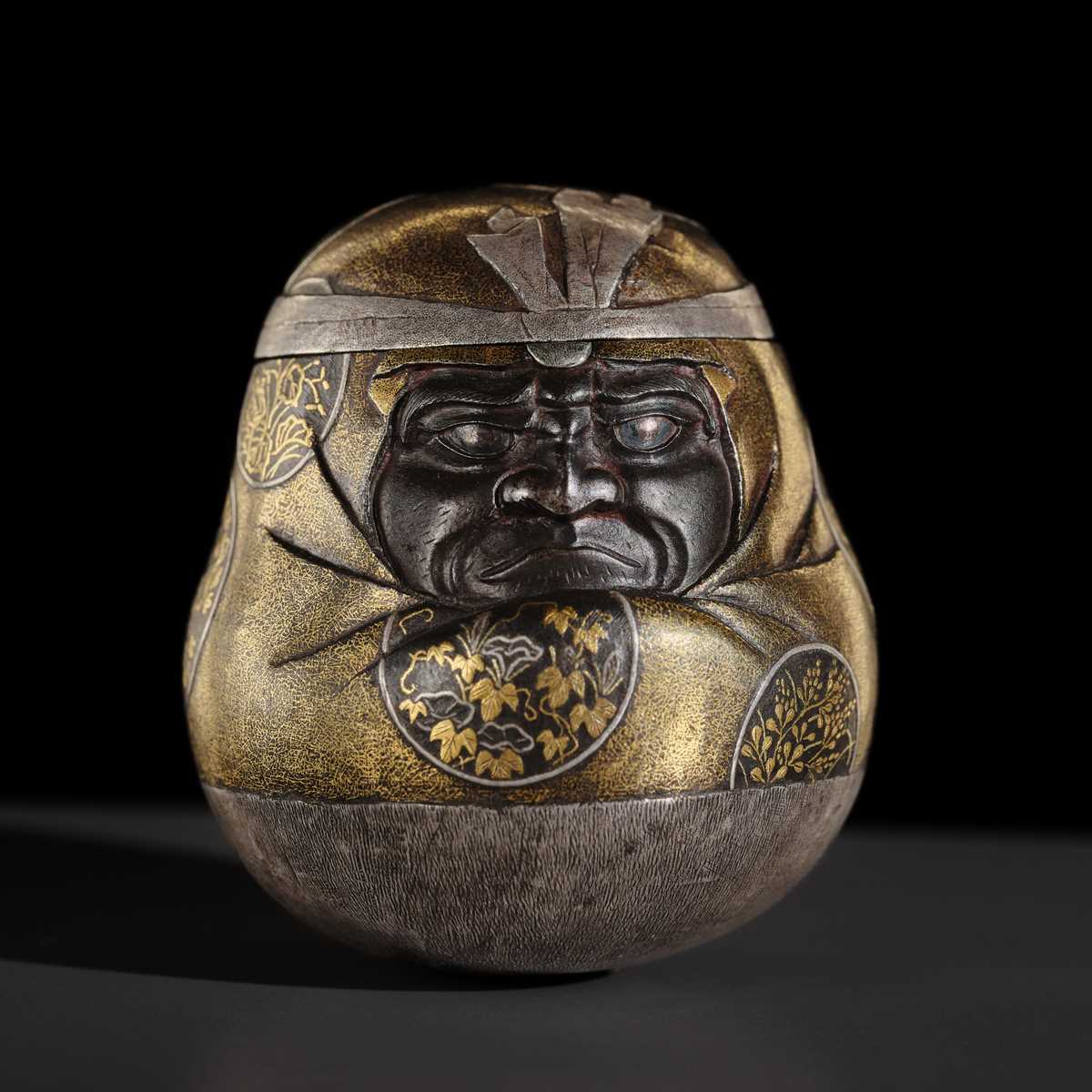 Lot 22 - A KOMAI STYLE INLAID IRON ‘DARUMA DOLL’ BOX AND COVER