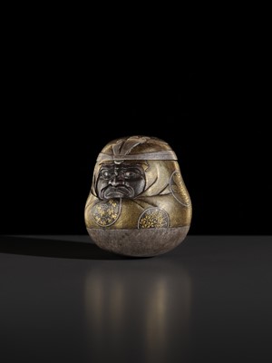 Lot 22 - A KOMAI STYLE INLAID IRON ‘DARUMA DOLL’ BOX AND COVER