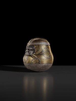 Lot 22 - A KOMAI STYLE INLAID IRON ‘DARUMA DOLL’ BOX AND COVER