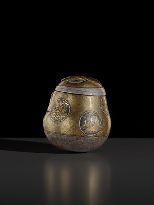 Lot 22 - A KOMAI STYLE INLAID IRON ‘DARUMA DOLL’ BOX AND COVER