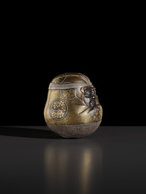 Lot 22 - A KOMAI STYLE INLAID IRON ‘DARUMA DOLL’ BOX AND COVER