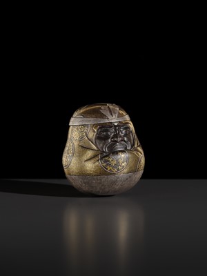 Lot 22 - A KOMAI STYLE INLAID IRON ‘DARUMA DOLL’ BOX AND COVER