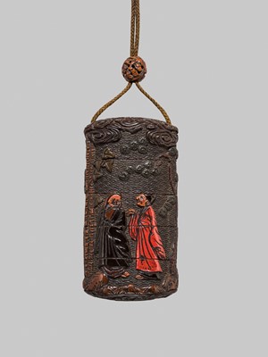 Lot 1434 - A RARE FOUR-CASE RYUKYU LACQUER INRO WITH CHINESE SCHOLARS