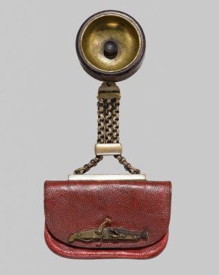 A RARE LEATHER TABAKO-IRE (TOBACCO POUCH) WITH A TANEGASHIMA TEPPO KANAMONO (POUCH CLASP)