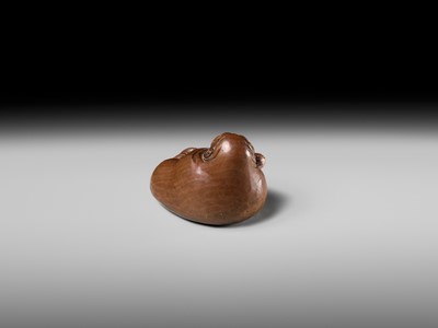 Lot 241 - NOBUSHIGE: A FINE AND RARE WOOD NETSUKE OF DARUMA DISTURBED IN HIS MEDITATION