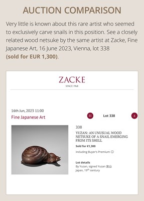 Lot 185 - YUZAN: AN UNUSUAL WOOD NETSUKE OF A SNAIL EMERGING FROM ITS SHELL