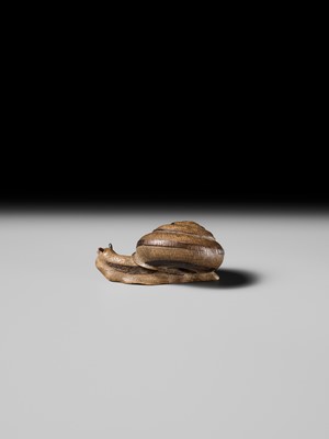 Lot 185 - YUZAN: AN UNUSUAL WOOD NETSUKE OF A SNAIL EMERGING FROM ITS SHELL