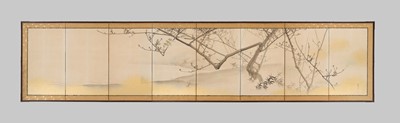 Lot 315 - MATSUMURA KEIBUN: A FINE SHIJO SCHOOL EIGHT-PANEL BYOBU (FOLDING SCREEN) DEPICTING BUSH WARBLERS ON A PLUM TREE
