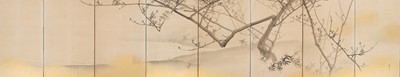 Lot 315 - MATSUMURA KEIBUN: A FINE SHIJO SCHOOL EIGHT-PANEL BYOBU (FOLDING SCREEN) DEPICTING BUSH WARBLERS ON A PLUM TREE