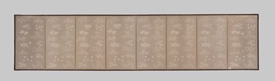 Lot 315 - MATSUMURA KEIBUN: A FINE SHIJO SCHOOL EIGHT-PANEL BYOBU (FOLDING SCREEN) DEPICTING BUSH WARBLERS ON A PLUM TREE