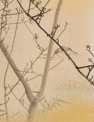 Lot 315 - MATSUMURA KEIBUN: A FINE SHIJO SCHOOL EIGHT-PANEL BYOBU (FOLDING SCREEN) DEPICTING BUSH WARBLERS ON A PLUM TREE