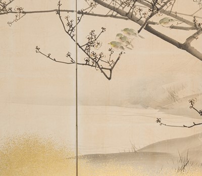 Lot 315 - MATSUMURA KEIBUN: A FINE SHIJO SCHOOL EIGHT-PANEL BYOBU (FOLDING SCREEN) DEPICTING BUSH WARBLERS ON A PLUM TREE