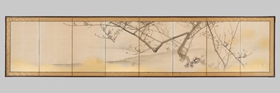 Lot 315 - MATSUMURA KEIBUN: A FINE SHIJO SCHOOL EIGHT-PANEL BYOBU (FOLDING SCREEN) DEPICTING BUSH WARBLERS ON A PLUM TREE