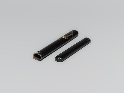 KAITO: A FINE GOLD-INLAID EBONY WOOD KISERUZUTSU (PIPE CASE) WITH MAGNOLIA