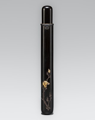 KAITO: A FINE GOLD-INLAID EBONY WOOD KISERUZUTSU (PIPE CASE) WITH MAGNOLIA