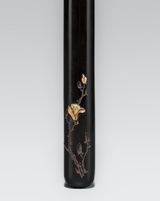KAITO: A FINE GOLD-INLAID EBONY WOOD KISERUZUTSU (PIPE CASE) WITH MAGNOLIA