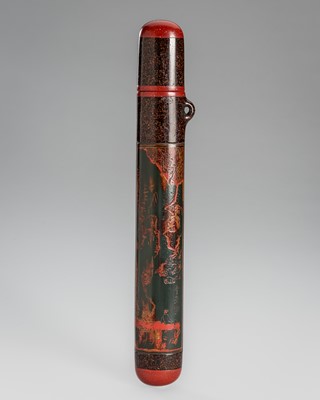 Lot 1445 - UNGAKU: A FINE LACQUER KISERUZUTSU (PIPE CASE) WITH A ROCKY LANDSCAPE