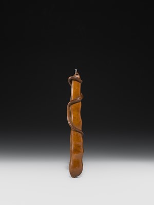 Lot 69 - A FINE WOOD KISERUZUTSU (PIPE CASE) OF A SNAKE ENCIRCLING AN EDAMAME BEAN POD, WITH A MATCHING ‘TORTOISESHELL’ KISERU (PIPE)