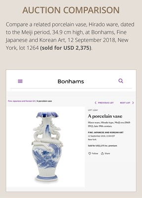 Lot 193 - A LARGE BLUE AND WHITE HIRADO PORCELAIN ‘DRAGON’ VASE