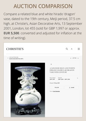 Lot 193 - A LARGE BLUE AND WHITE HIRADO PORCELAIN ‘DRAGON’ VASE