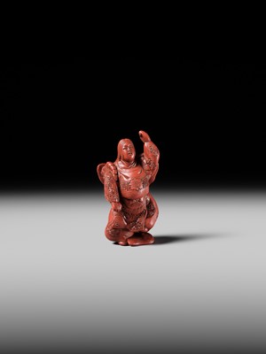 Lot 368 - MATSUKI HOKEI: A SUPERB TSUISHU LACQUER NETSUKE OF A BUTTERFLY DANCER, KOCHO NO MAI