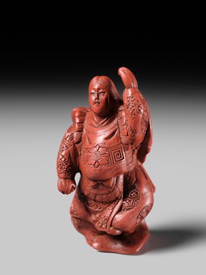Lot 368 - MATSUKI HOKEI: A SUPERB TSUISHU LACQUER NETSUKE OF A BUTTERFLY DANCER, KOCHO NO MAI