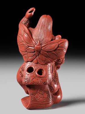 Lot 368 - MATSUKI HOKEI: A SUPERB TSUISHU LACQUER NETSUKE OF A BUTTERFLY DANCER, KOCHO NO MAI